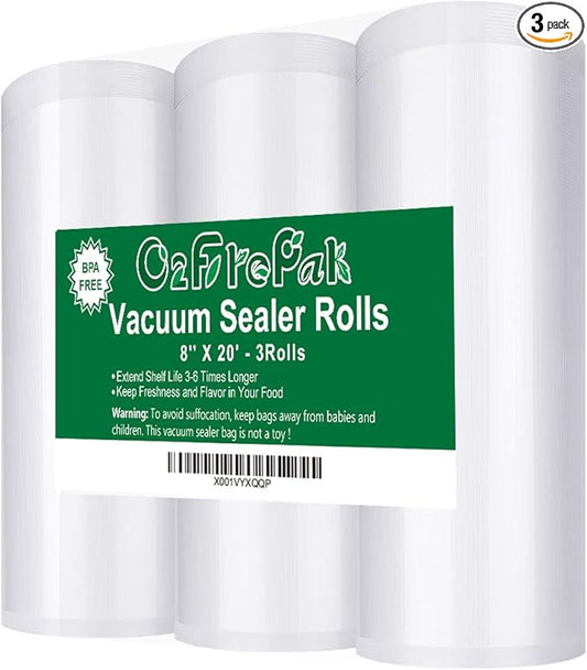 O2frepak 3 Pack 8"x20' Rolls Vacuum Sealer Bags Rolls with BPA Free,Heavy Duty Vacuum Sealer Storage Bags Rolls,Cut to Size R