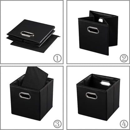 PRANDOM Leather Foldable Cube Storage Bins 11x11 inch [4-Pack] Fabric Storage Baskets Cubes Drawer with Cotton Handles Organi