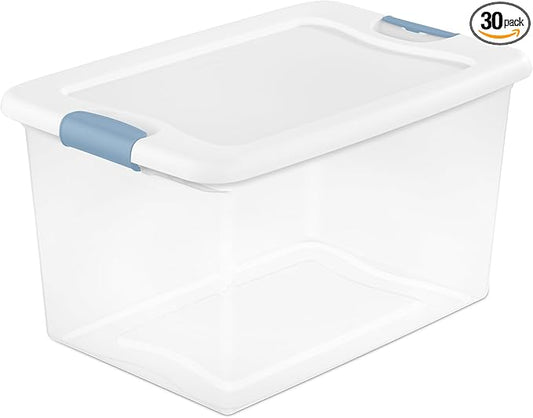 Sterilite 30-Pack Latching Box, Under Bed Storage Bins with Lids, Clear Plastic, 64 Quart - Heavy-Duty Organizing Containers 