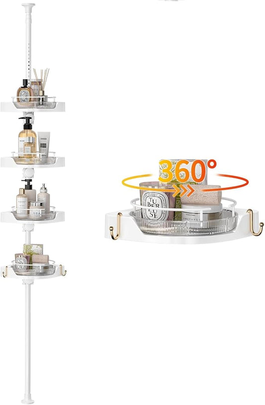 Shower Caddy Tension Pole with 4 L-Lazy Susan Organizer 360 Rotating 35-128 Inch No Drilling Floor Standing Shelves Adjustabl