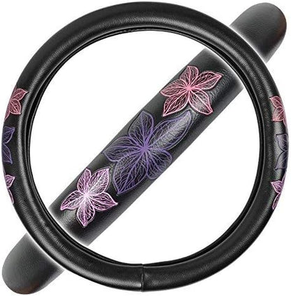 BDK GripGrab Comfort Grip - Purple & Pink Flowers Design on Black Synthetic Leather Steering Wheel Cover 15" - SW-538_AM