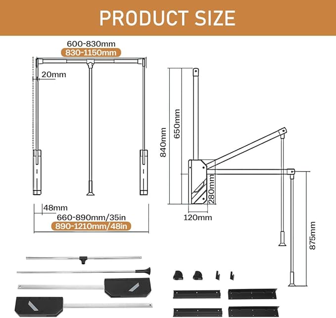 Pull Down Closet Rod, 60 lbs Load Capacity, Stainless Steel Adjustable 35-46.5 inches Soft-Close Wardrobe Lift Rail Organizer