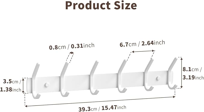 GWAAZXGZ Coat Rack Wall Mount Hooks - 15 Inch Matte White Metal 6-Hook Organizer Wall Mounted, Modern Kids Room, Entryway & B