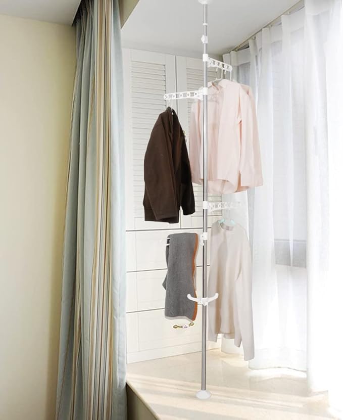 BAOYOUNI Corner Laundry Pole Coat Tree Hanger Telescopic Clothing Drying Rack Floor to Ceiling Tension Shelf Rod Metal Storag