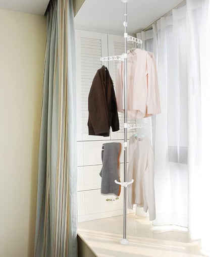BAOYOUNI Corner Laundry Pole Coat Tree Hanger Telescopic Clothing Drying Rack Floor to Ceiling Tension Shelf Rod Metal Storag