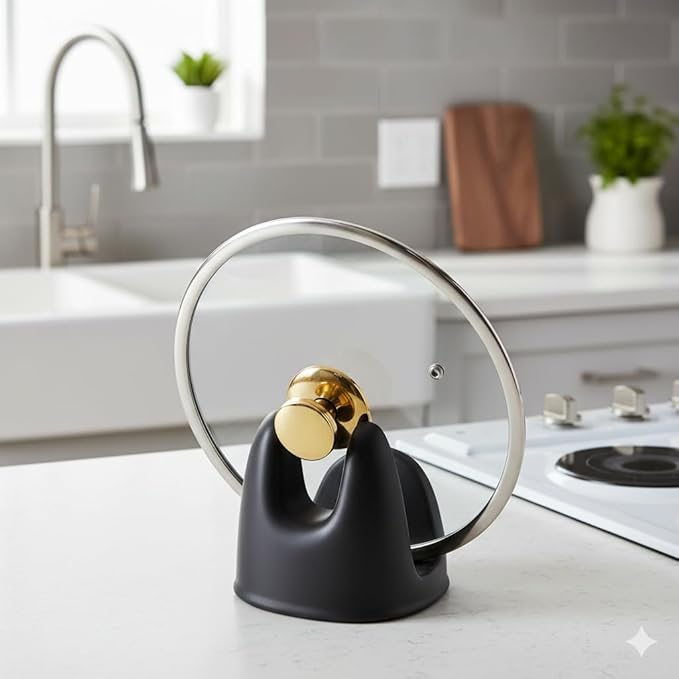 Nihow Pot Lid Holder: Stable Ceramic Pan Lid Holder for Kitchen Counter Decor/Counter top/Stove Top- Heat Resistant & Dishwasher Safe - Matte Black (1 PC)