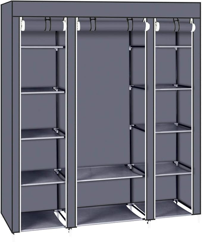 Karlhome 5-Tier Canvas Wardrobe, Portable Fabric Wardrobe with Shelves and Cover for Hanging Clothes, Clothes Rail with Cover