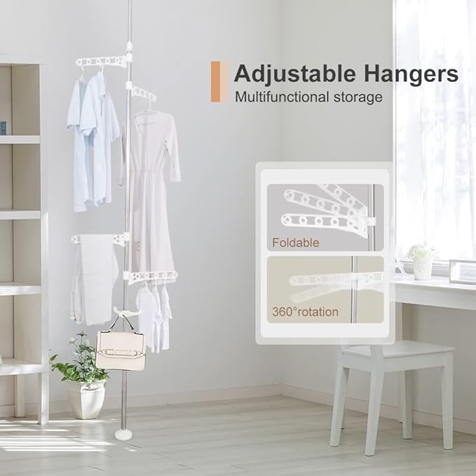 BAOYOUNI Corner Laundry Pole Coat Tree Hanger Telescopic Clothing Drying Rack Floor to Ceiling Tension Shelf Rod Metal Storag
