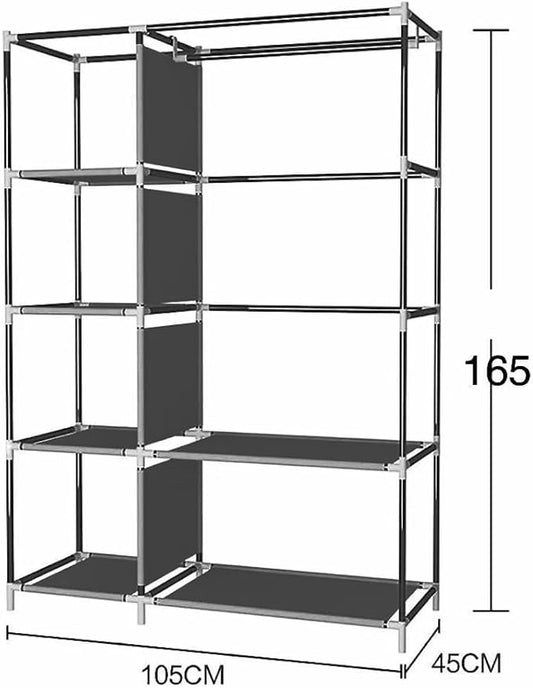 Portable Wardrobe Closet Clothes Organizer Non-Woven Fabric Cover with 6 Storage Shelves, 2 Hanging Sections and 4 Side