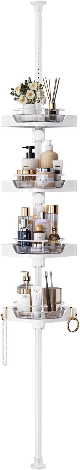 360° Rotating Shower Caddy Tension Pole, 4 Tiers Corner Shower Organizer for Bathroom Shelf Bathtub, Adjustable Standing Show