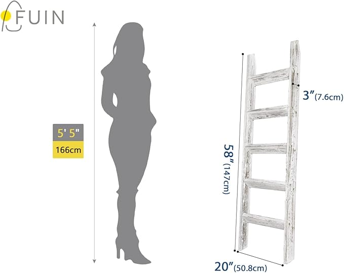 FUIN 5ft (58") Wood Blanket Ladder Living Room Decorative Wall Leaning Farmhouse Quilt Display Holder Wooden Towel Rack for B