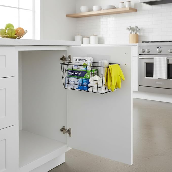 Black Hanging Wall Baskets,inside cabinet door organizer,Adhesive Wire Wall Storage Baskets for Pantry and organizer, Kitchen
