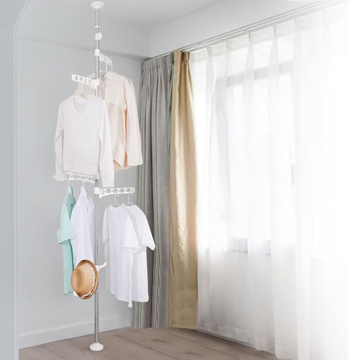 BAOYOUNI Corner Laundry Pole Coat Tree Hanger Telescopic Clothing Drying Rack Floor to Ceiling Tension Shelf Rod Metal Storag