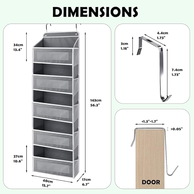 Over The Door Storage Organizer with 5 Extra Large Pockets & Side Mesh Pouches, Hanging Closet Door Organizer for Bedroom, Pa
