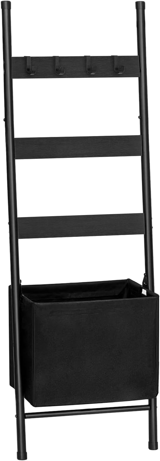 HOOBRO Blanket Ladder with Basket, 17.3”L x 63.4”H, Towel Rack with Hooks, Blanket Holder Rack, Decorative Ladder Shelf, Dryi