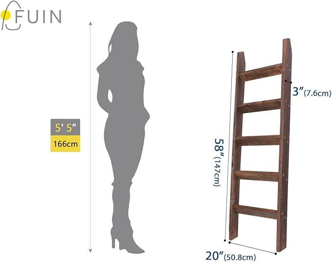 FUIN 5ft (58") Wood Blanket Ladder Living Room Decorative Wall Leaning Farmhouse Quilt Display Holder Rustic Wooden Towel Rac
