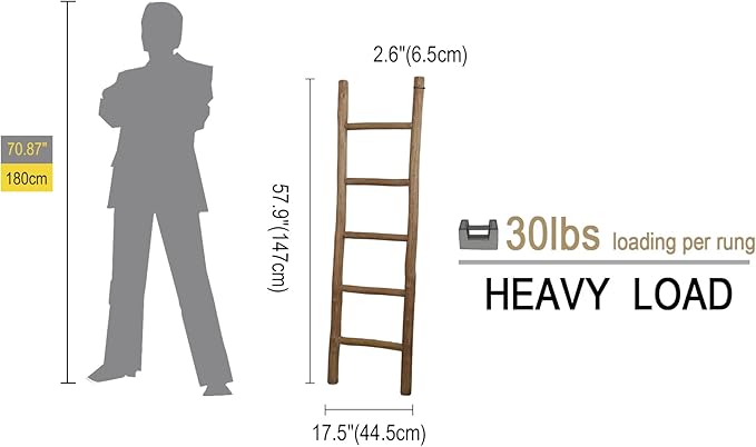 Wooden Blanket Ladder Natural & Motley Wood - Leaning Wall Decor for Bedroom, Bathroom, Living Room - Rustic Quilt Holder & T