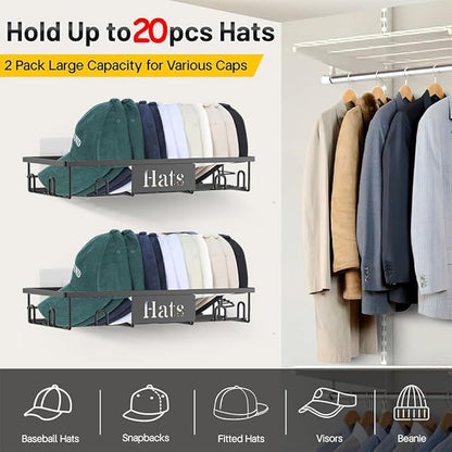 Metal Hat Rack for Wall, 2-Pack Hat Organizer for Baseball Caps Holds 20 Hats, Wall Mounted Hat Storage Holder Display, No Dr