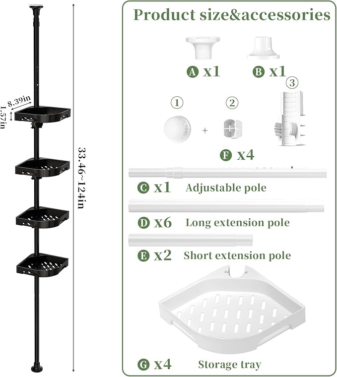 Tension Pole Shower Caddy Organizer with4 Tier L-Shaped Rust Resistant Bathroom Corner Shelves with 34-124 Inch Adjustable No