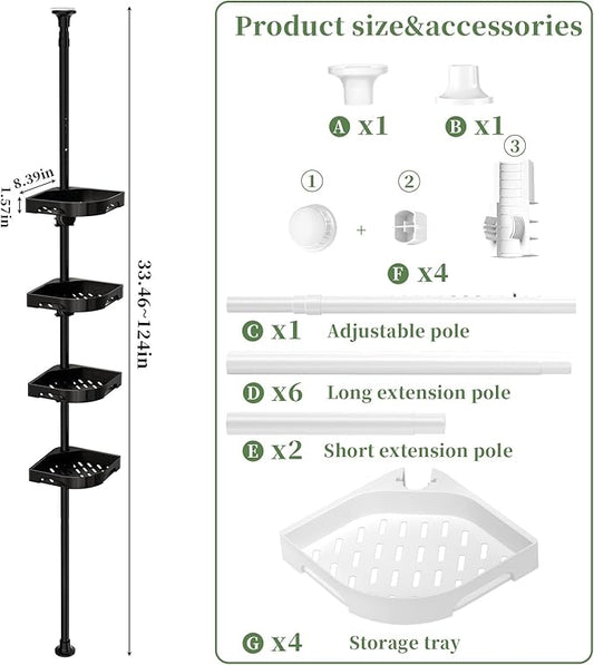 Tension Pole Shower Caddy Organizer with4 Tier L-Shaped Rust Resistant Bathroom Corner Shelves with 34-124 Inch Adjustable No