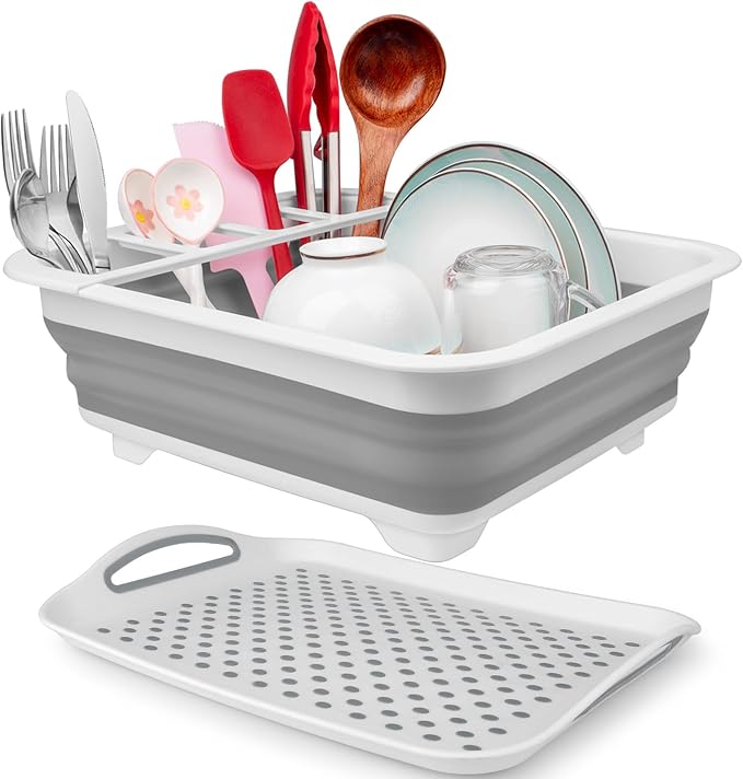 Collapsible Dish Drying Rack Portable Dish Drainers for Kitchen Counter with Drainboard, Kitchen Sink Organizer Basket RV Acc