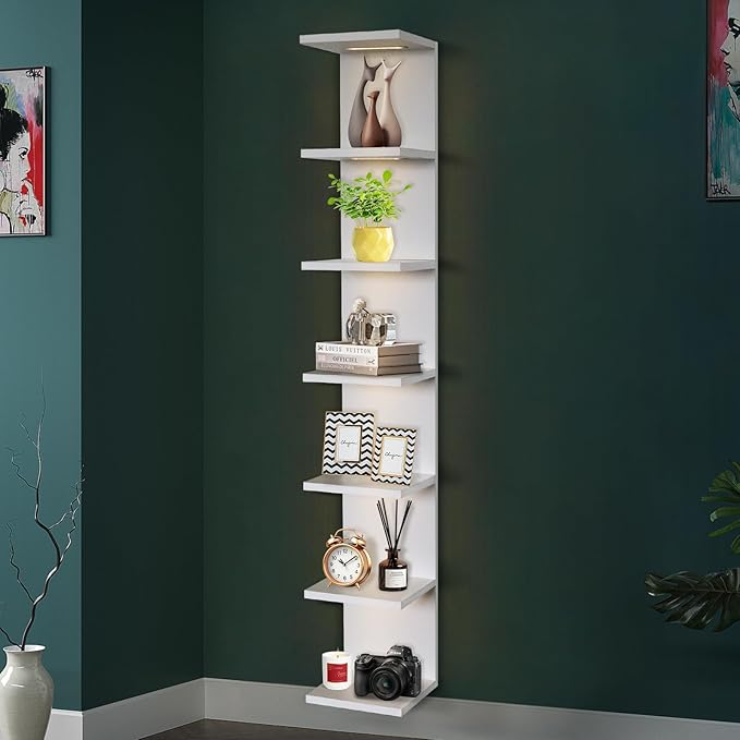 7 Tier Wall Shelf with Lights, White Lack Wall Shelf, Display Floating Shelves with Remote Control for Home Decor Bedroom Van