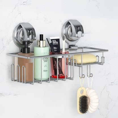 TESOT Suction Cup Shower Shelf, Shower Caddy Soap Dish with Hooks for Sponge, Rust Proof 304 Stainless Steel, Silver