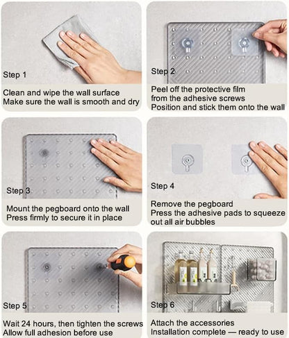 Pegboard Organizer Set for Wall, No-Drill Self-Adhesive Pegboard with Shelf, Storage Box and Hooks, Bathroom Kitchen Wall Org