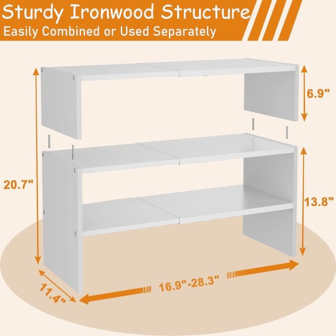 3-Tier Expandable White Shoe Rack Organizer for Closet, Stackable Shoe Racks Storage Shelf, Small Metal Wood Combination Shoe