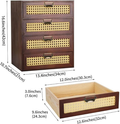 Large Wooden Storage Box with Drawers (Boho Apothecary Cabinet, Rattan Frame, Brown)