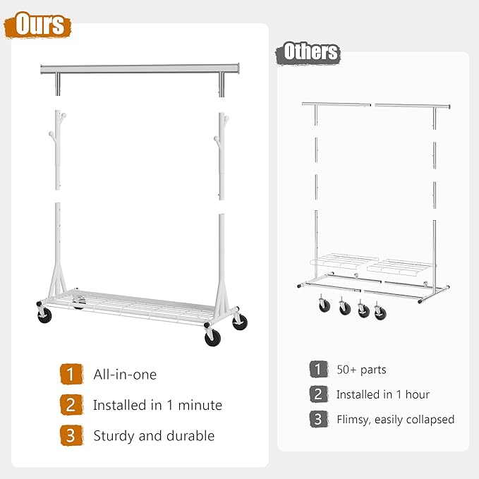 Gewudraw Heavy Duty Clothes Rack, 530 lbs Load Capacity Metal Garment Rack on Wheels - Collapsible Adjustable Portable Storag