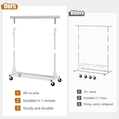 Gewudraw Heavy Duty Clothes Rack, 530 lbs Load Capacity Metal Garment Rack on Wheels - Collapsible Adjustable Portable Storag