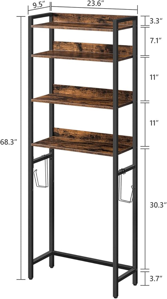 Over The Toilet Storage Rack, 4 Tier Bathroom Organizer Over Toilet, Freestanding Space Saver Toilet Stand with 2 Hooks, Bath