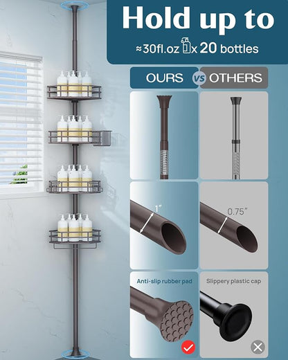SEIRIONE Corner Shower Caddy Tension Pole, Adjustable Shower Organizer Corner with 4 Shelves, No Drilling Shower Shelf for In