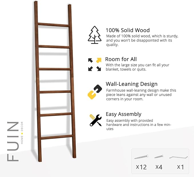 FUIN 6ft Wooden Brown Blanket Ladder Living Room Decorative Wall Leaning Farmhouse Quilt Display Holder Rustic Wood Towel Rac