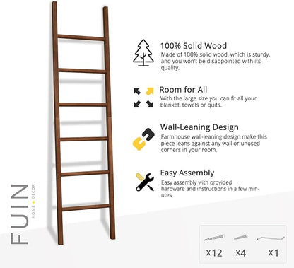 FUIN 6ft Wooden Brown Blanket Ladder Living Room Decorative Wall Leaning Farmhouse Quilt Display Holder Rustic Wood Towel Rac