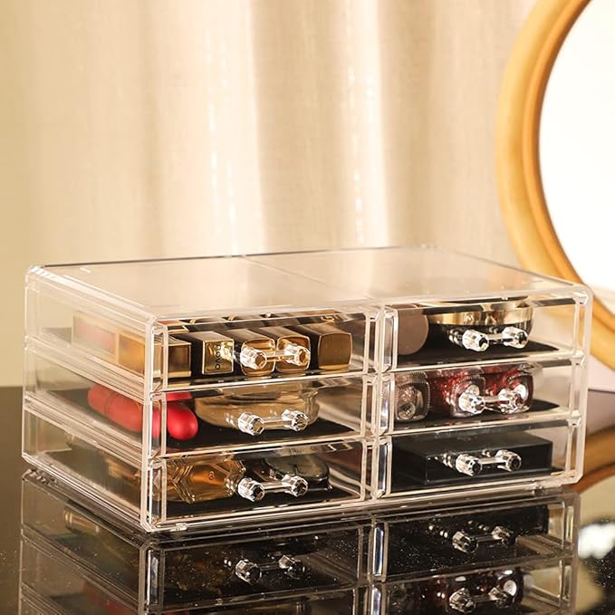 Cq acrylic 1 Pack Clear Acrylic Drawer Organizer Countertop,Stackable 6 Drawers Makeup Storage,Cute Cube Make Up Organizer fo