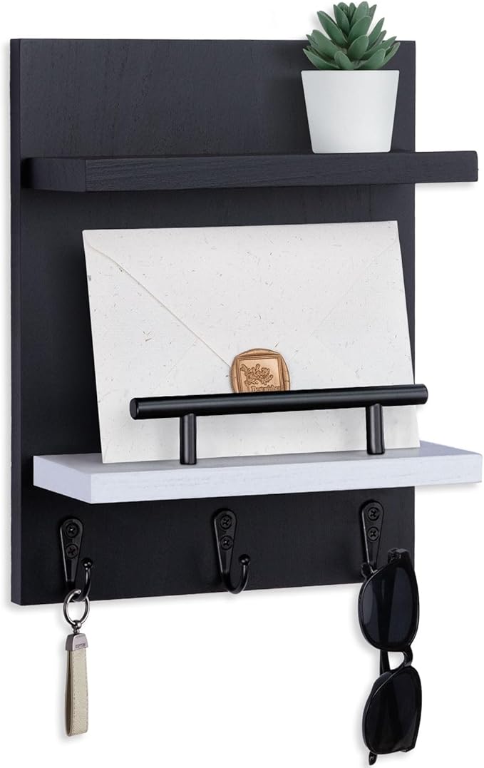 Key Holder Wall Mount, Key Holder With 2 Display Shelf, 3 Hooks for Key, Coat, Dog Leash, Key Hanger with Hook for Mail, Pott