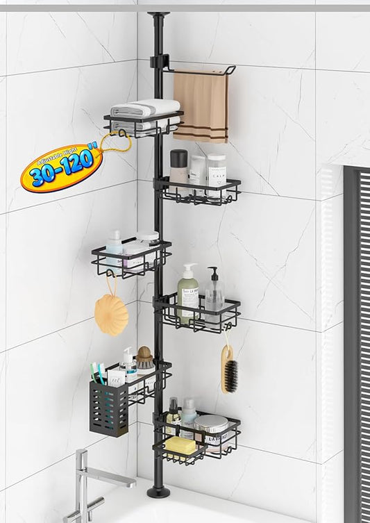 Corner Shower Caddy Organizer Tension Pole, Adjustable 6 Shower Shelves Corner Shelf 30-120Inch Rustproof Shower Rack for Ins