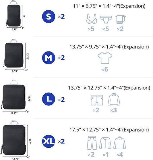 Compression Packing Cubes, 8 Set Packing Cubes for Travel Compression, Lightweight Compressible Package Organizer for Carry On and Suitcases, Black and Grey