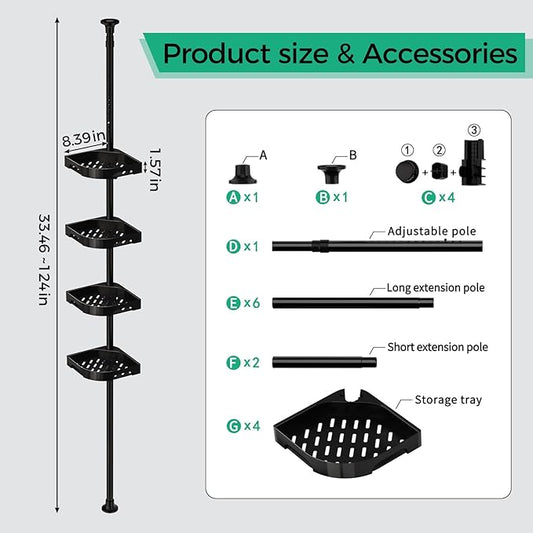 4-Tier Corner Shower Caddy Tension Pole Organizer - Adjustable Rustproof Metal Tension Pole, Plastic Shelves with Safety Guar