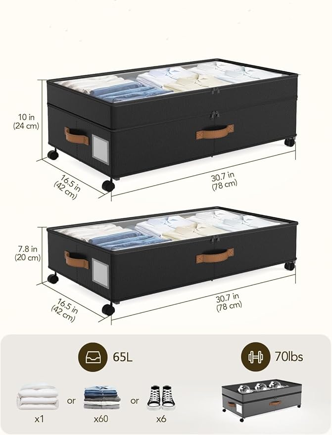 Under Bed Storage with Wheels, 72L XXL Under the Bed Storage Containers Large, 10‘’ Tall Adjustable Storage for Underbed with