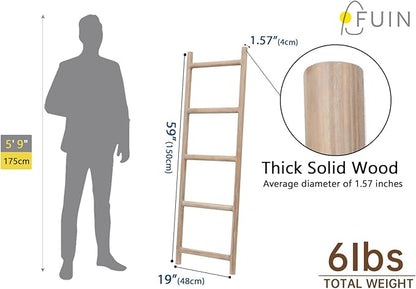 FUIN Fully Assembled 5ft Wood Blanket Ladder Living Room Decorative Wall Leaning Farmhouse Quilt Display Holder Rustic Wooden