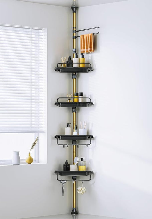 Upgrade Sturdy Shower Caddy Tension Pole Black and Gold Corner Shower Caddy 18/8 Stainless Steel Rustproof 4 Tier Adjustable 