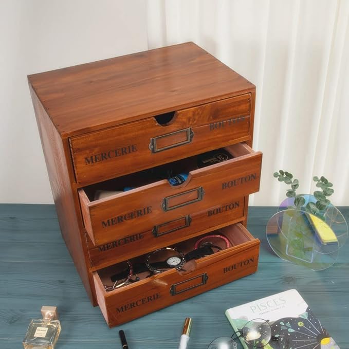 Wooden Storage Box with Drawers Vintage Office Supplies and Accessories Letter Tray Wood Desktop File Organizer 4 Tier Paper 