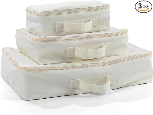 Shinymoon 3 Set 100% Cotton Packing Cubes with Handle Travel Luggage Storage Organizer Bags Beige Suitcases Bags Durable Zippers for Clothes Shoes Storage Weekend Plus Set(Regular Styles)