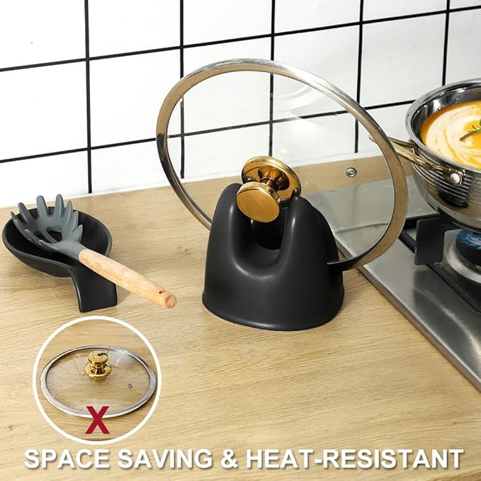 Nihow Pot Lid Holder: Stable Ceramic Pan Lid Holder for Kitchen Counter Decor/Counter top/Stove Top- Heat Resistant & Dishwasher Safe - Matte Black (1 PC)