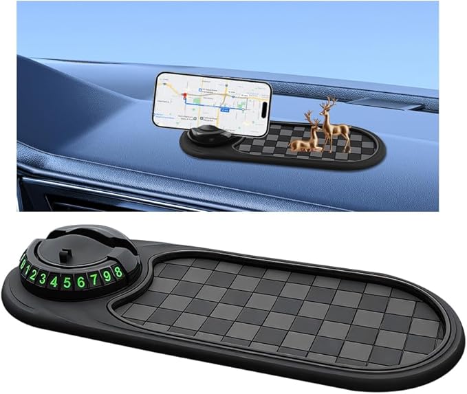 Multifunctional Car Anti-Slip Pad, 3 in 1 Rotatable Non-Slip Vehicle Dashboard Mat with Phone Holder & Temporary Parking Numb