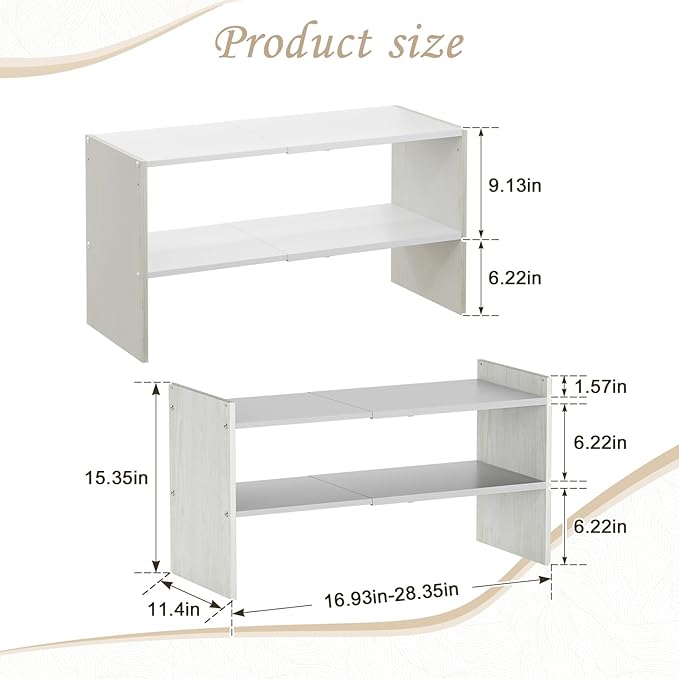 X-cosrack 2 Pack 2-Tier Shoe Rack Organizer for Closet, Expandable and Adjustable White Shoe Rack, Stackable Iron Wood Combin