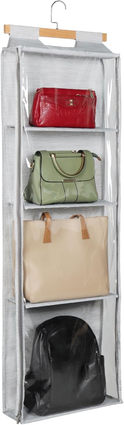 Syeeiex Hanging Handbag Purse Organizer with Zippers, Clear Slubbed Fabric+PVC Hanging Closet Bag Organizer, 4 Mesh Shelves,D